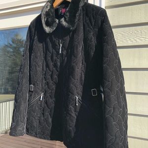 Velvet quilted jacket with fur trimmed collar